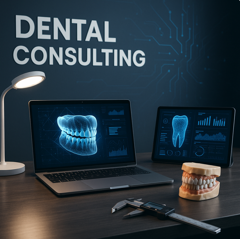 Professional Dental Consulting - Office setup with computer and dental tools, with 'Dental Consulting' text on wall
